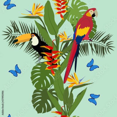 Papier peint  Seamless vector l illustration with tropical leaves, flowers, toucan and parrot birds, and butterflies.