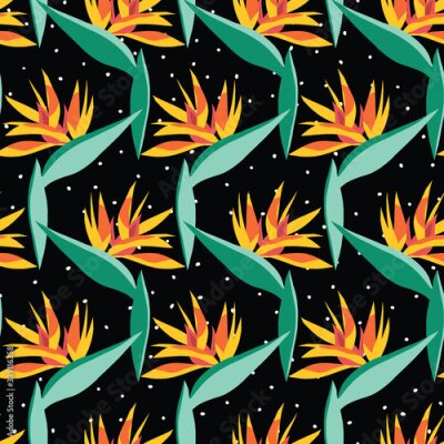 Papier peint  Seamless vector pattern Bird of paradise tropical flower. African crane flower or strelitzia reginae blossom illustration on black and white spotted background. Tropical floral plant design 