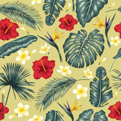 Papier peint  Seamless vector pattern of exotic tropical leaves on a yellow background. Palm leaves, hibiscus, monstera, plumeria, banana leaves, strelitzia, aralia, elephant ear leaves
