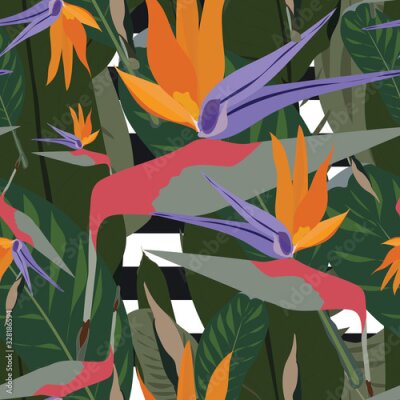 Papier peint  Seamless vector pattern of mixed: bird of paradise flowers with tropical green leaf on black and white stripes background.Cool african crane flower or strelitzia reginae blossom floral fabric pattern.