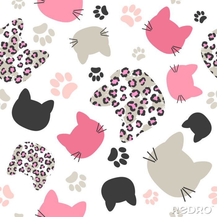 Papier peint  Seamless vector pattern with cats heads and leopard print for kids