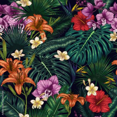 Papier peint  Seamless vector pattern with exotic plants. Graphic linear colored tropical flowers and leaves. Monstera, plumeria, orchid, palm and banana leaves, hibiscus, aralia, tiger lily, strelitzia