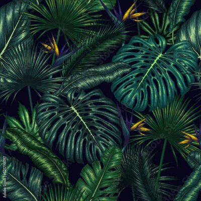 Papier peint  Seamless vector pattern with exotic plants. Monstera, palm and banana leaves, aralia, elephant ear leaf, strelitzia
