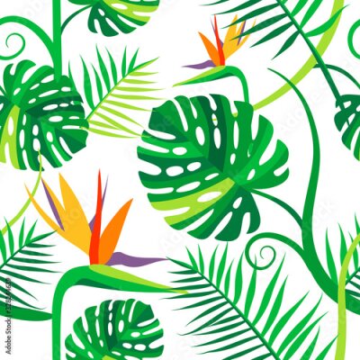 Papier peint  Seamless vector pattern with tropical flowers and leaves. Green monstera, strelitzia flowers on a white background. Bird of paradise. Intertwining vines and stems. Pattern for textiles, paper, covers