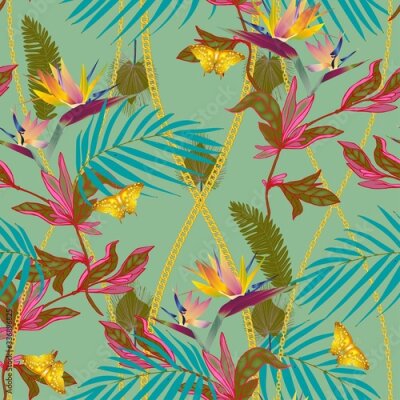 Papier peint  Seamless vector pattern with tropical jungle plants. Strelitzia flowers, palm leaves, gold chains and gold butterflies on a black colored background. Modern trendy design for fabric, scarves