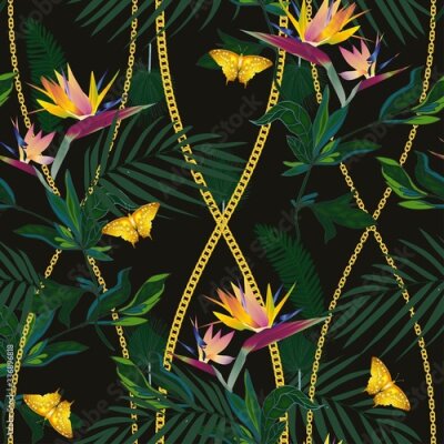 Papier peint  Seamless vector pattern with tropical jungle plants. Strelitzia flowers, palm leaves, gold chains and gold butterflies on a black colored background. Modern trendy design for fabric, scarves