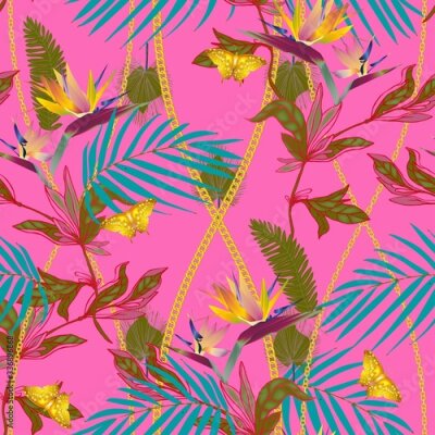 Papier peint  Seamless vector pattern with tropical jungle plants. Strelitzia flowers, palm leaves, gold chains and gold butterflies on a black colored background. Modern trendy design for fabric, scarves