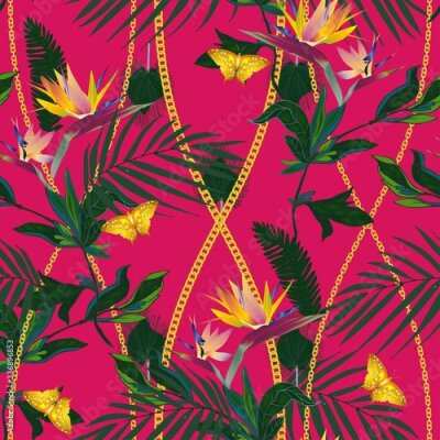 Papier peint  Seamless vector pattern with tropical jungle plants. Strelitzia flowers, palm leaves, gold chains and gold butterflies on a black colored background. Modern trendy design for fabric, scarves