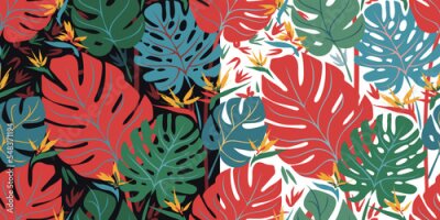 Papier peint  Seamless vector tropical pattern with monstera leaves and strelitzia flowers. Set of multicolored floral prints on a dark and white background.