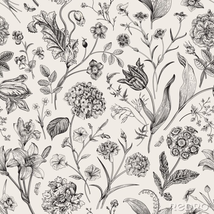 Papier peint  Seamless vector vintage floral pattern. Classic illustration. Black and white..