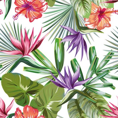 Papier peint  Seamless vivid exotic pattern with tropical palm, banana leaves and bird of paradise, strelitzia, hibiscus flower on a white background green vector style. Hawaiian tropical natural floral wallpaper