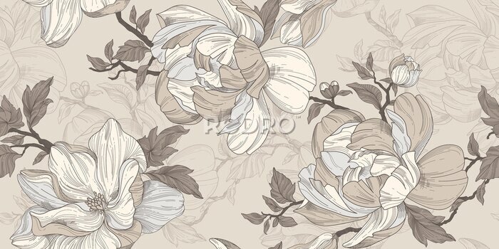 Papier peint  Seamless wallpaper pattern. Beige and silver flowers, leaves and branches. Textile composition, hand drawn style print.