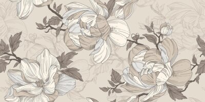 Papier peint  Seamless wallpaper pattern. Beige and silver flowers, leaves and branches. Textile composition, hand drawn style print.