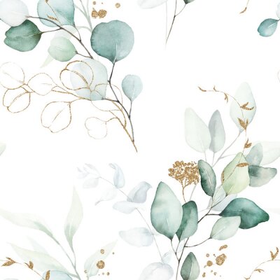 Seamless watercolor floral pattern - green & gold leaves, branches composition on white background, perfect for wrappers, wallpapers, postcards, greeting cards, wedding invitations, romantic events.