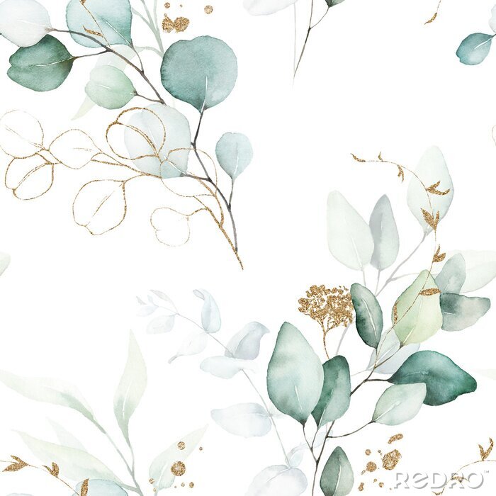 Papier peint  Seamless watercolor floral pattern - green & gold leaves, branches composition on white background, perfect for wrappers, wallpapers, postcards, greeting cards, wedding invitations, romantic events.
