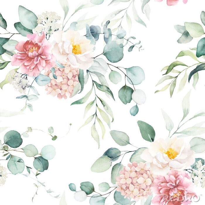 Papier peint  Seamless watercolor floral pattern with pink & peach cream flowers, leaves composition on white background, perfect for wrappers, wallpapers, postcards, greeting cards, wedding invitations, events.