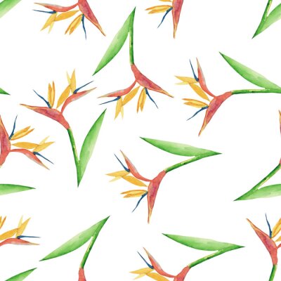 Papier peint  Seamless watercolor illustration with a watercolor-drawn strelitzia flower. 