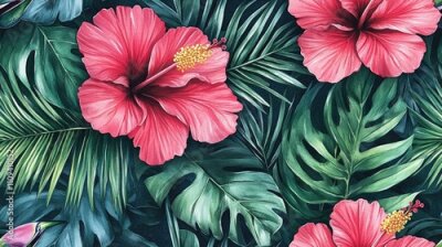 Papier peint  Seamless watercolor pattern featuring vibrant hibiscus flowers lush palm leaves and exotic strelitzia branches ideal for tropical themed designs