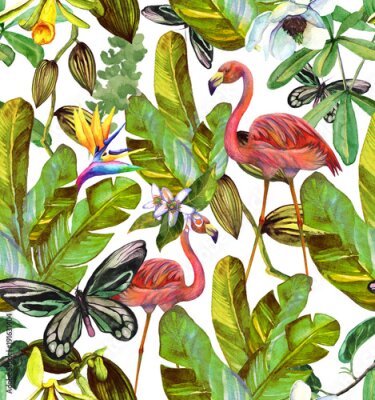 Papier peint  Seamless watercolor pattern with hibiscus, palm leaves, branch of strelitzia, calathea, parrot.Tropic background