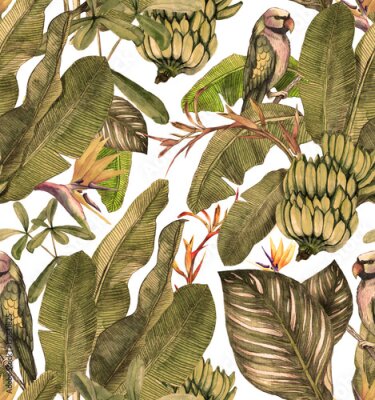 Papier peint  Seamless watercolor pattern with hibiscus, palm leaves, branch of strelitzia, calathea, parrot.Tropic background