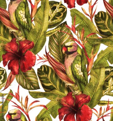 Papier peint  Seamless watercolor pattern with hibiscus, palm leaves, branch of strelitzia, calathea, parrot.Tropic background