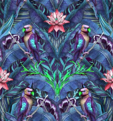 Papier peint  Seamless watercolor pattern with hibiscus, palm leaves, branch of strelitzia, calathea, parrot.Tropic background