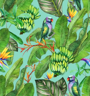 Papier peint  Seamless watercolor pattern with hibiscus, palm leaves, branch of strelitzia, calathea, parrot.Tropic background