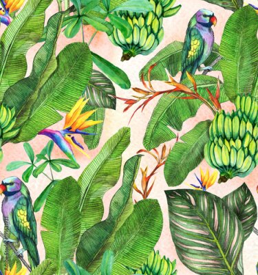 Papier peint  Seamless watercolor pattern with hibiscus, palm leaves, branch of strelitzia, calathea, parrot.Tropic background