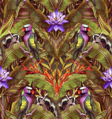 Papier peint  Seamless watercolor pattern with hibiscus, palm leaves, branch of strelitzia, calathea, parrot.Tropic background