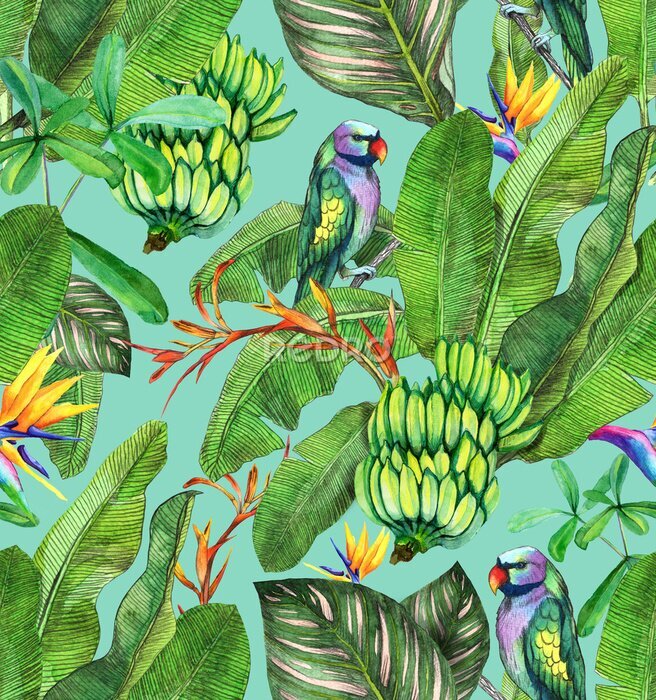 Papier peint  Seamless watercolor pattern with hibiscus, palm leaves, branch of strelitzia, calathea, parrot.Tropic background