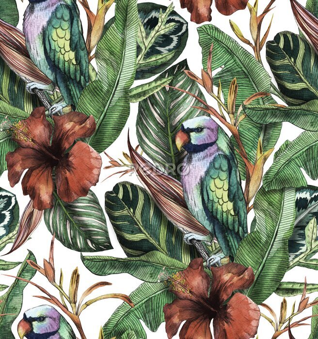 Papier peint  Seamless watercolor pattern with hibiscus, palm leaves, branch of strelitzia, calathea, parrot.Tropic background