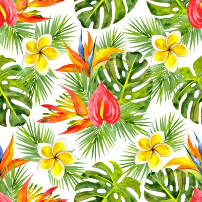 Papier peint  Seamless watercolor pattern with tropical flowers and leaves. Pattern with strelitzia, heliconia, monstera leaves, palm leaves, anthurium and plumeria on a white background.