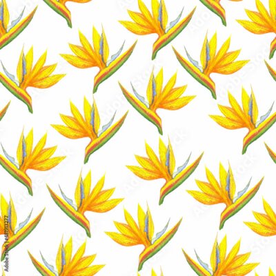 Papier peint  Seamless watercolor strelitzia flower pattern. Strelitzia, bird of paradise, or crane lily. Design for textile, wallpapers, greeting cards, decoration. Yellow flowers isolated on white background.