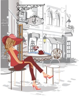 Série des cafés de rue avec des personnes, hommes et femmes, dans la vieille ville, illustration vectorielle. Les serveurs servent les tables.