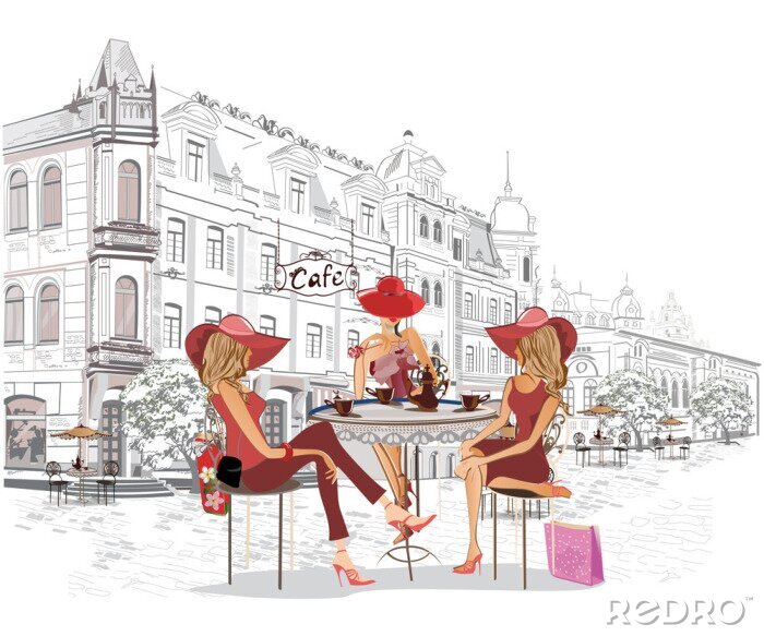 Papier peint  Série des cafés de rue avec des personnes, hommes et femmes, dans la vieille ville, illustration vectorielle. Les serveurs servent les tables.