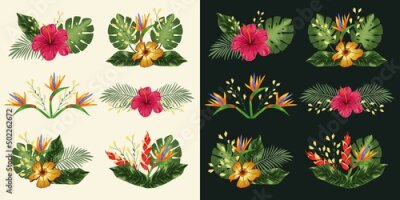 Papier peint  Set design element with tropical flowers hibiscus, heliconia and strelitzia, leaves palm and monstera. Vector on a light background