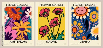 Papier peint  Set of abstract Flower Market posters. Trendy botanical wall arts with exotic flowers, hibiscus, plumeria, bird of paradise, strelitzia. Modern interior painting, decoration. Vector art illustration.