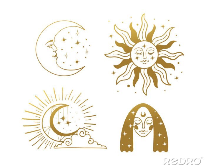 Papier peint  Set of beautiful golden mystical elements in boho style, sun and crescent with a face, the moon, a female face with stars. Elements for design, tattoo, sticker. Linear vector illustration isolated on