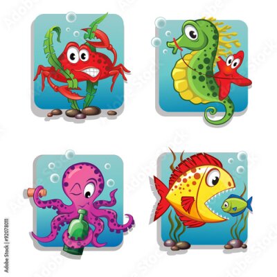 Papier peint  Set of cute cartoon sea animals. Crab, seahorse, starfish, octopus, fishes