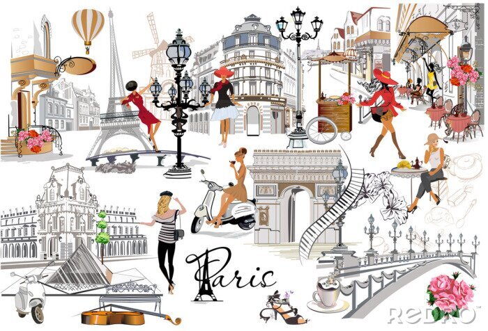 Papier peint  Set of Paris illustrations with fashion girls, cafes and musicians. Vector illustration.