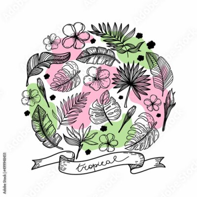 Papier peint  Set of silhouettes of tropical elements of tropical strelitzia flower, hibiscus, monster leaves, etc. Circle arrangement. The tropical lettering is hand-drawn on the ribbon. Hand-drawn doodle-style.