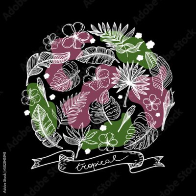 Papier peint  Set of silhouettes of tropical elements of tropical strelitzia flower, hibiscus, monster leaves, etc. on black background. Circular composition. Tropical inscriptions hand drawn on ribbon.