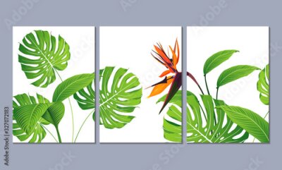 Papier peint  Set of three wall paintings, canvas for the living room. Poster element for interior design of a dining room, bedroom, office. Tropical summer background with flowers strelitzia and green leaves.  