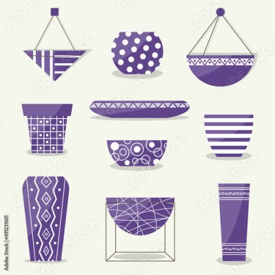 Papier peint  Set of trendy potted plants for home. Different indoor houseplants isolated on white background. Alocasia, begonia, fan palm, monstera, ficus, strelitzia and oxalis. Colored flat vector illustration