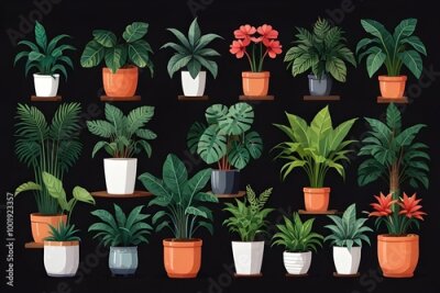 Papier peint  Set of trendy potted plants for home. Different indoor houseplants isolated on white background. Alocasia, begonia, fan palm, monstera, ficus, strelitzia and oxalis. Generative AI