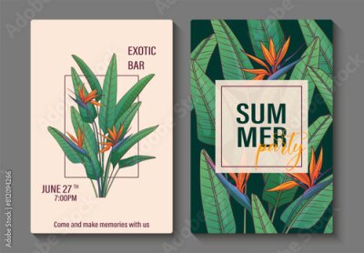 Papier peint  Set of tropical poster design with illustration of strelitzia plant. Vector bird of paradise flower. Summer, party concept. Composition with paradise plant leaves for postcard design, poster.