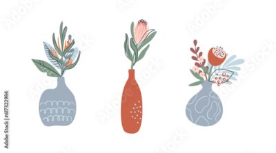 Papier peint  Set of vases with tropical flowers. Boho botanical compositions. Abstract minimalistic floral bouquets for print, poster, wall decor, cards. Hand drawn vector illustrations.