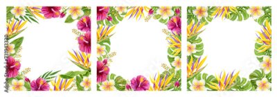 Papier peint  Set Tropical frame. Hand drawn watercolor painting with hibiscus, strelitzia, paradise bird flowers and palm leaves.