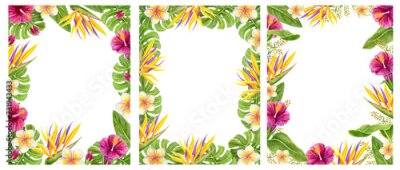 Papier peint  Set Tropical frame. Hand drawn watercolor painting with hibiscus, strelitzia, paradise bird flowers and palm leaves.