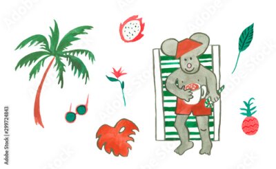 Papier peint  Set with watercolor a Dad mouse drinks cocoa in chaise, sunglasses, pineapple, strelitzia,dragon fruit, Palm tree and monstera. An illustration of a tropical Christmas holiday in red and green shades.